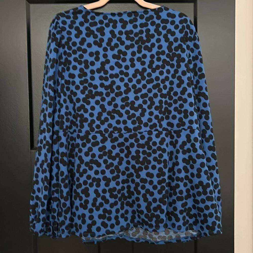 Ava & Viv Blue and Black Polka Dot Tie Front, Long  Sleeve Blouse. Size 2X=20/22